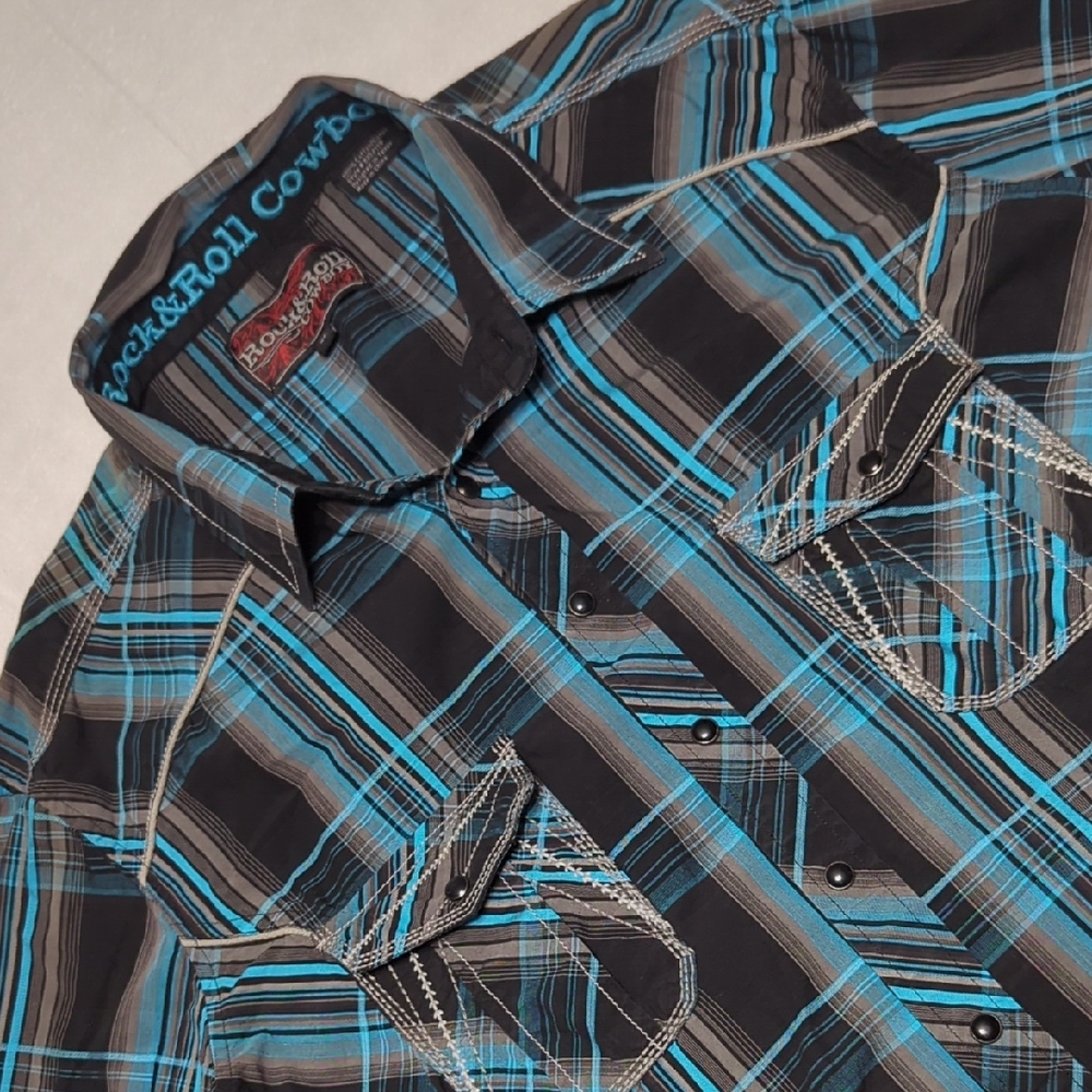 Rock & Roll Cowboy Blue & Black Plaid Western‎ Snap Front Mens Shirt Size XL